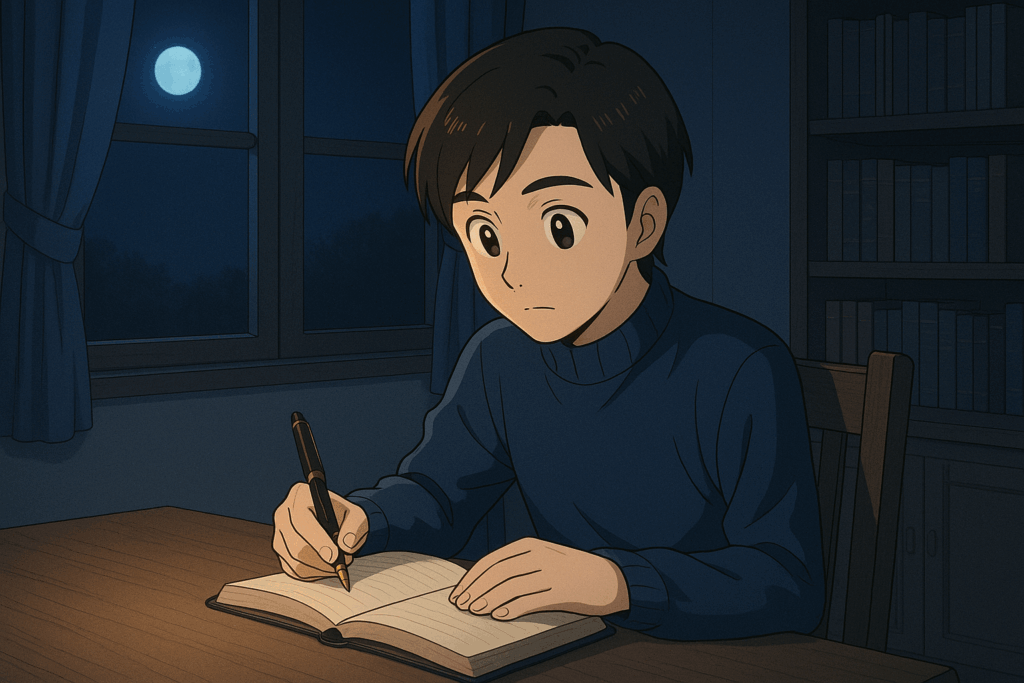 深夜の静かな部屋で、青年が机に向かい夢ノートを綴っている