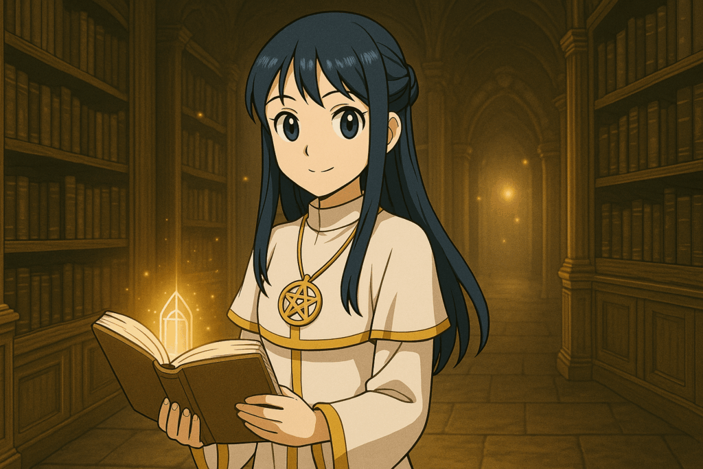 白装束を纏い、本を抱える少女セフィラが神秘的な図書館に立つ