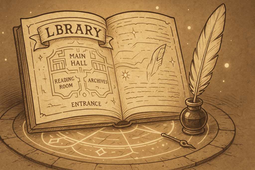 魔法陣の上に広げられた夢ノートと図書館の地図、羽ペンとインク瓶