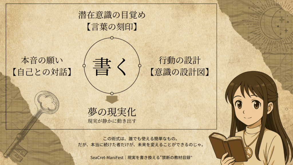 夢ノートの秘術を解説する図解。書くことで潜在意識、行動、本音の願いが連動し、夢が現実化する仕組みを示す。