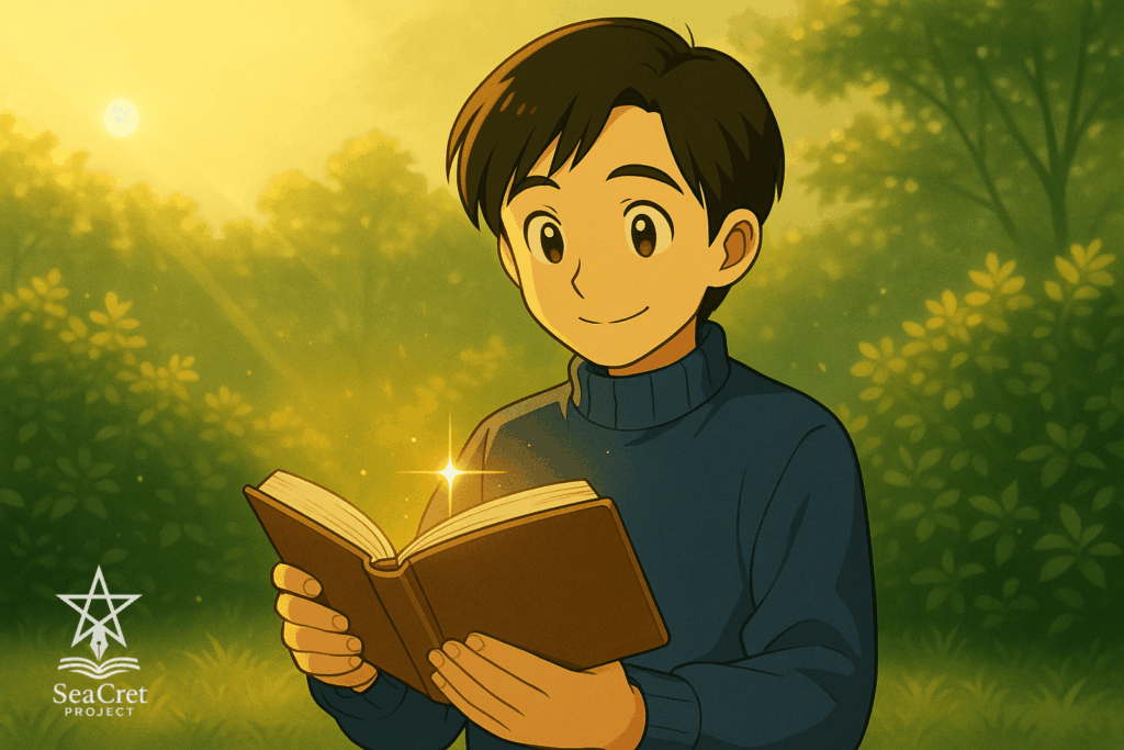 緑あふれる朝の庭で、笑顔でノートを読む青年。