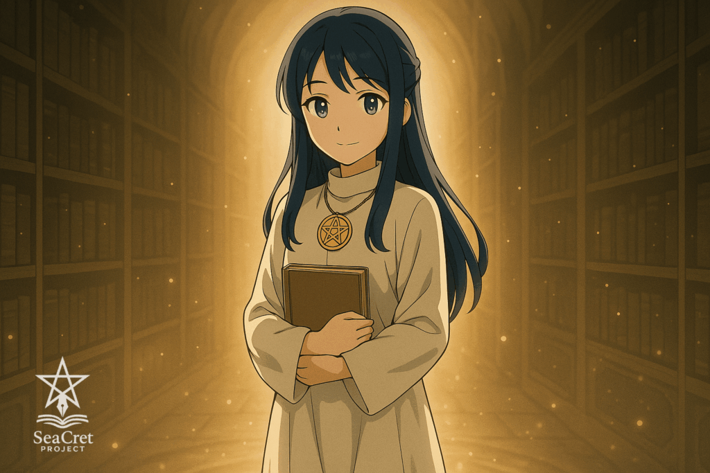 古代図書館の中央で本を抱え、静かに立つセフィラ。背後には金色の光。
