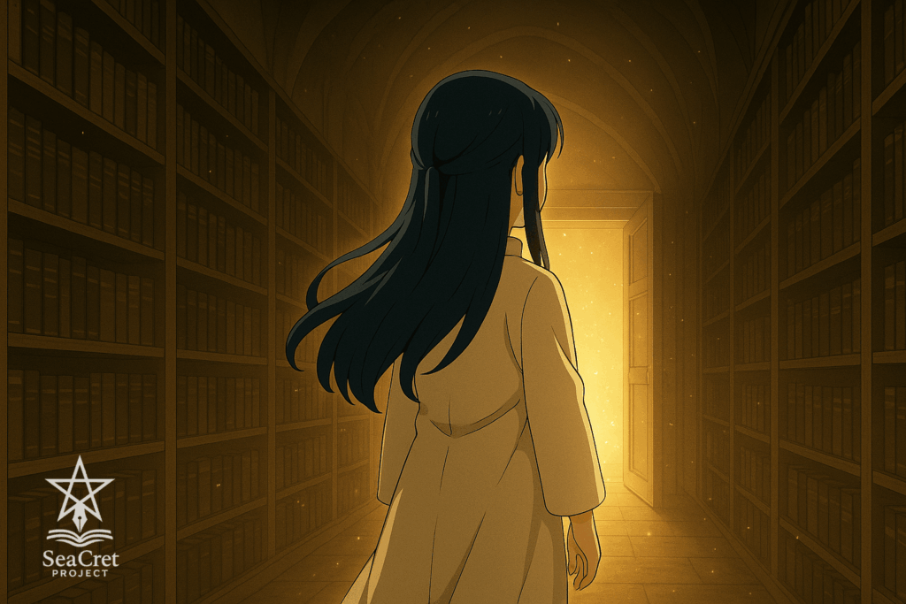 図書館の奥の光に向かって歩いていくセフィラの後ろ姿。