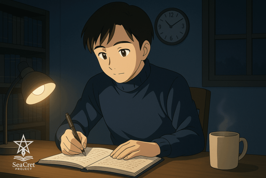 夜、デスクライトの下で夢ノートに書き込む青年。左下にSeaCret Projectのロゴ。